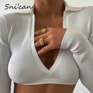 Snican Vit Backaceace up Sexy Crop Tops V Neck Långärmad Kvinnor Sweater Za 2021 Fashion Pullover Jumper Mujer Jumper Femme X0721