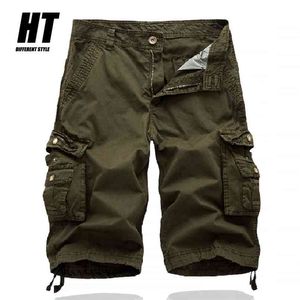 Summer Quality Men's Cargo Shorts Baggy Multi bolso Casual Treino Militar Tactical Algodão Army Calças curtas Verdes 210716