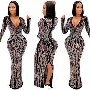 Fashion sexy V-neck women Sequins dress 2023 summer Women's rhinestone design Dresses beautiful Nightclub Party tight Net Transparent woman clothes 5002