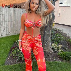 Два частя набор Camis Tops Vintage Floral Print Y2K 90S брюки женские эстетические корейские RUCHED FLARE FLARE BLAGED WORGEWOWER FORES 210517