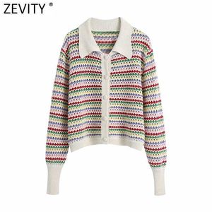 Zevity Women Rainbow Striped Print Hollow Out Crochet Stickad Sweater Coat Kvinna Chic Breasted Jacquard Cardigan Tops SW803 210603
