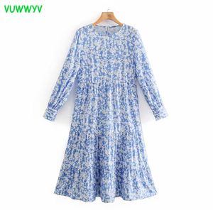 여성을위한 vuwwyv 드레스 여름 블루 프린트 Pleated Midi Dress 여자 긴 소매 세련 된 캐주얼 스트리트웨어 숙녀 Vestidos 210430