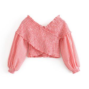 세련된 달콤한 smocked 탄력 격자 무늬 작물 블라우스 v 목 긴 소매 여름 여성 셔츠 Blusa 세련된 꼭대기 210430