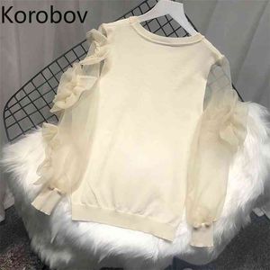 Korobov Kobiety Stylowa Wiosna Cienkie Dzianiny Sweter Sweter Dzianiny Organza Patchwork Duży Kwiat Długi Rękaw Sweter TOP 78544 210430