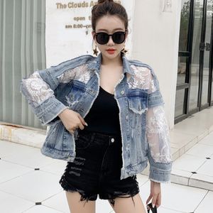 Perspektywa Top Jacket Ladies Denim Płaszcz Lato Z Długim Rękawem Duży Rozmiar Dżinsy Kurtki Kobiety Luźne Koronki Szwy 210510