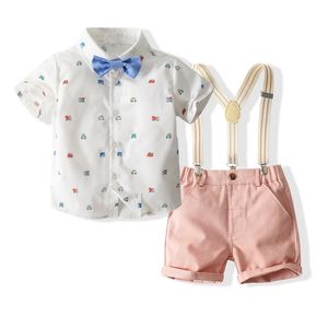 Toddler Kids Baby Boy Gentleman Clothes Summer Short Sleeve Button Cartoon Car Shirt Top Strap Shorts Pantaloni Outfit Set per bambini