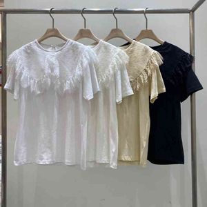 Korean Fashion Lace Patchwork Woman Tshirts Sweet Peter Pan Collar Short Sleeve Women Tops Summer Simple Tshirt Women 210514