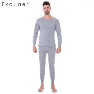 Conjunto de roupas íntimas térmicas masculinas Ekouaer Long Johns conjunto de pijama fino gola redonda ultramacio sólido outono inverno conjunto1