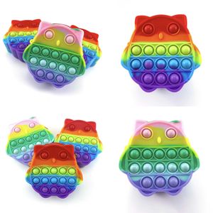 Cute Rainbow Cartoon Owl Poppet Bubble Fidget Toys Wallet Sensory Silicone Purses Handbag Kids Mini Coin Bags Push Pop Finger Board Game Early Learning G9976SD