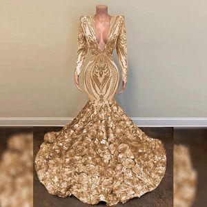 Afrikanisches Gold-Meerjungfrau-Abschlussballkleid 2022, V-Ausschnitt, lange Ärmel, Übergröße, 3D-Rosen-Abendkleid, elegantes formelles Party-Paillettenkleid, schwarze Mädchen-Nachtmode, Robe Soiree