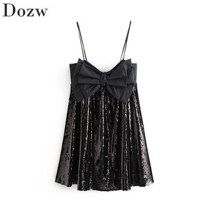 Kadınlar Şık Kolsuz Sequins Mini Elbise Yay Süslemeleri Spagetti Kayışı Seksi Lady Elbiseler Siyah Renk Gevşek Sundress Ropa Mujer 210515