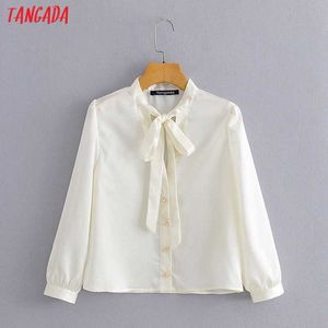 Tangada Kadınlar Inci Düğme Beyaz Gömlek Uzun Kollu Katı Yay Yaka Zarif Ofis Bayanlar İş Kıyafetleri Bluzlar Yi23 210609