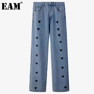 [EAM] Hohe Taille Blau Große Größe Herz Druck Breite Bein Jeans Lose Frauen Hosen Mode Frühling Herbst 1DD6339 21512