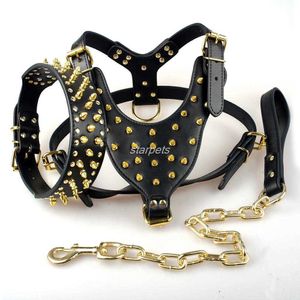 Cool Spiked Studded Leather Dog Harness Rivets Collar and Leash Set For Medium Large Dogs Pitbull Bulldog Bull Terrier 26"-34" 211006