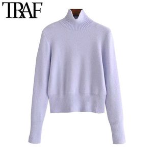 TRAF Women Fashion Soft Touch Cropped Stickad Sweater Vintage High Neck Långärmad Kvinna Pullovers Chic Tops X0721