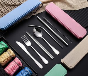 Stainless Steel Flatware Set Portable Cutlery Set For Outdoor Travel Picnic Dinnerwares Metal Straw With Box And Bag Kitchen Utensil