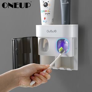 ONEUP Wall Mounted Toothbrush Holder With Magnetic Cover Toothpaste Squeezer Dispenser Multifunction Bathroom Accessories Sets 210322