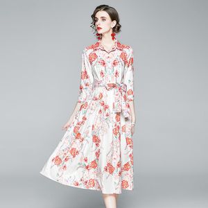 Women High-End Elegant Floral Print Dress Fashion Sexy Ladies Lace-Up Bow Turn-Down Collar Party Dresses Vestidos Casual