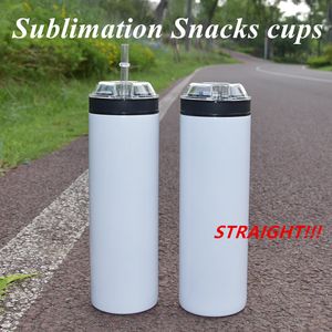 Sublimering Snacks Cups 20oz Straight Tumbler Travel Mugg Med Lock och Straw Rostfritt Stål Slim Isolerad Tumbler Beer Kaffe Muggar