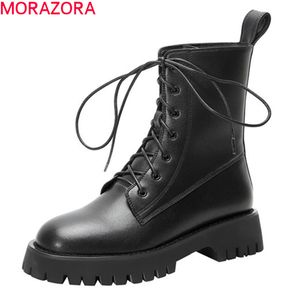 Morazora Chegada moda mulheres marca botas genuínas botas de couro quadras saltos redondos dedo do pé do outono amarelo de inverno botas 210506