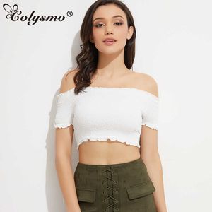 Colysmo Super Stretchable Allover Elastyczne Krótki Rękaw Frytkowe Wykończenia Off Ramię Kamizelka Kamizelka Kobieta Crop Top Lato T-Shirt Tee White 210527