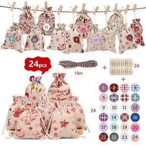 Xmas pequeno saco de pano de Natal conjunto de Natal decorações 24 Digitas adesivos Calendário de contagem regressiva Drawcord Gift-Bag T9i001501