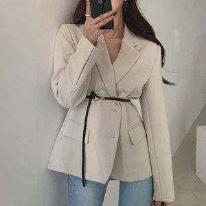 Vår höst koreanska kvinnor blazer single-breasted lapel bälte kostym kappor damer minimalistiska fasta färg överrockar Q 210510