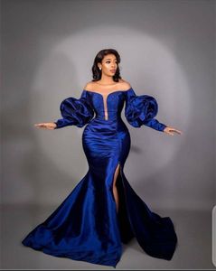Элегантные голубые русалки платья Sequins Split Split Off Off Flog Flate рукава вечернее платье на заказ на заказ