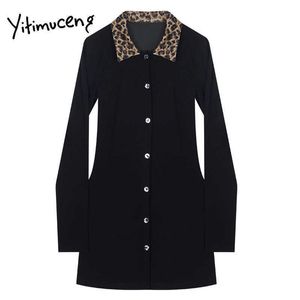 Yitimuceng Leopardパッチワークドレス女性ミニブラックスプリングファッション鉛筆長袖ヴィンテージ編み物210601