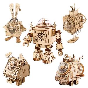 Robotime ROKR Robot Steampunk Music Box 3D Wooden Puzzle Assembled Model Building Kit Toys For Children Birthday Gift 210812