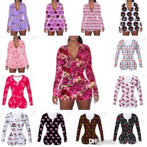 Valentinstag Frauen Onesies Overalls Designer Neue Pyjamas Slim sexy Bodysuit V-Ausschnitt-Buchstaben Muster gedruckt Langarm kurze Hose gedruckt