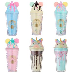 450ml Cartoon Pattern Tumbler with Straws Plastic Double Layer Summer Party Water Juice Cup