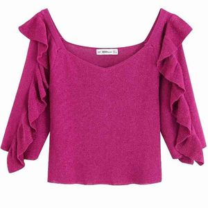 Kobiety Moda Laminowane Ruffles Dzianie Cienkie Sweter Panie Solidne Kolor Casual Slim Swetry Kobiet Jesień Chic Topy S081 210420