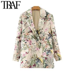 TRAF Women Fashion Office Wear Floral Print Blazer Coat Vintage Long Sleeve Pockets Female Outerwear Chic Tops 211019