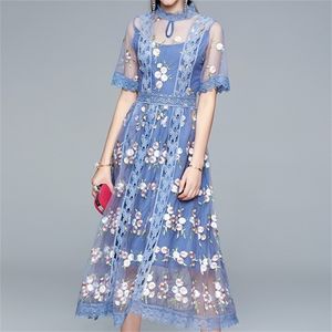 夏のカジュアルな刺繍の女性OネックスリムAラインマキシドレスメッシュ半袖イブニングパーティーVestidos 210603