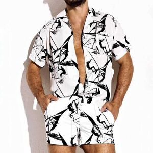 Yaz Erkekler Tulum Şort Streetwear Baskı Kısa Kollu Plaj Hawaii Playsuit Düğmesi Rahat Erkekler Tulumlar 2021 Yeni Geldi X0610