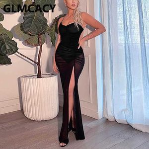 Mulheres sexy malha alta fenda maxi vestido espaguete cinta noite clube de festa longa vestidos vestes 210702