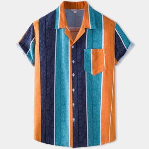 縞模様のプリントシャツ男性夏のカジュアルアロハシャツメンズビーチホリデーハワイアンカミサス半袖ファッションケミェーオム210524