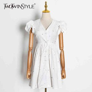 Elegant sommarklänning Kvinnor V Neck Puff Short Sleeve Hög midja Diamons Lace Up Patchwork Bow Klänningar för Kvinna 210524