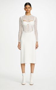 Svart Vit Sexig See Through Women's Dress Spring Design Lace Stitching Långärmad Slim Backless Mid Calf Klänningar Casual