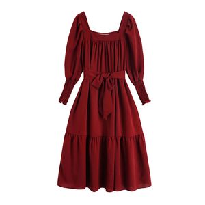 Woman Elegant Red Slash Neck Long Sleeve Knee Length Dress Spring Puff Sash D1716 210514