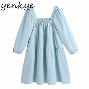 Spring Women Blue Cotton Dress Female Square Neck Long Sleeve Casual Loose Plus Size Mini Vestido 210430