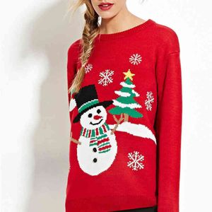 Casual Woman Broderi Jultröja Höst Vinter Mode Ladies Snowman Pullover Kvinna Julgran Knitwear 210515