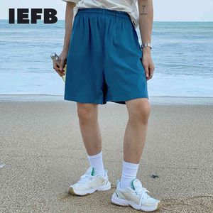 IEFB Летняя свободная эластичная талия Peacock Blue Shorts мужская корейская свободная повседневная широкая нога высокая талия колена длина колена 9Y7409 210524