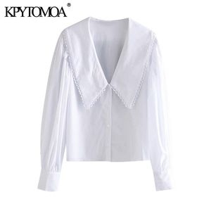 KPYTOMOA Kadınlar Tatlı Moda Süslenmiş Trim Gevşek Bluzlar Ile Vintage Uzun Kollu Button-Up Kadın Gömlek Chic Tops 210715