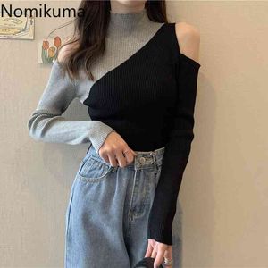 Nomikuma Z Długim rękawem Off Topy Ramię Kobiety Kontrast Kolor Turtleneck Sweter Ladies Casual Slim Fit Swetry Swetry Bluzy 3D6666 210514