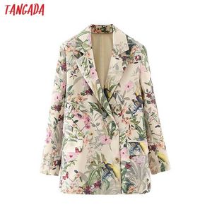 Tangada Kobiet Kwiatowy Druk Blazer Płaszcz Vintage Double Breasted Długi rękaw Francuski Moda Kobiet Chic Topy DA103 211006