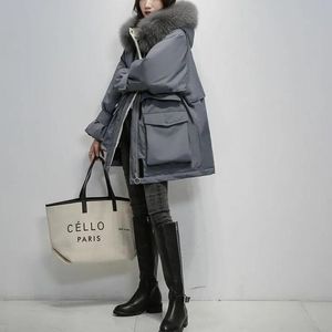 Piumino da donna Parka in vera pelliccia bianca Giacca da donna Parker calda media e lunga 2021 Cappotto con tasche grandi alla moda coreana ispessita allentata