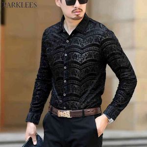 Mens Floral Embroidery Black Lace Shirt Sexy Slim Fit Long Sleeve Transparent Shirt Men See Through Club Party Prom Chemise 210522