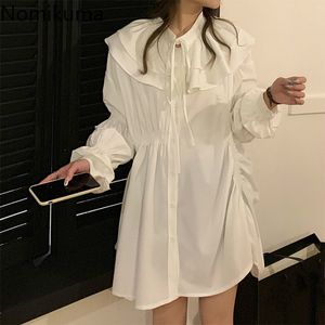 Nomikuma Koreański plisowane Nieregularne damskie bluzka sukienka przyczynowy rękaw puffowy muszka Peter Pan Collar Sukienki Vestidos Nowy 6D926 210427